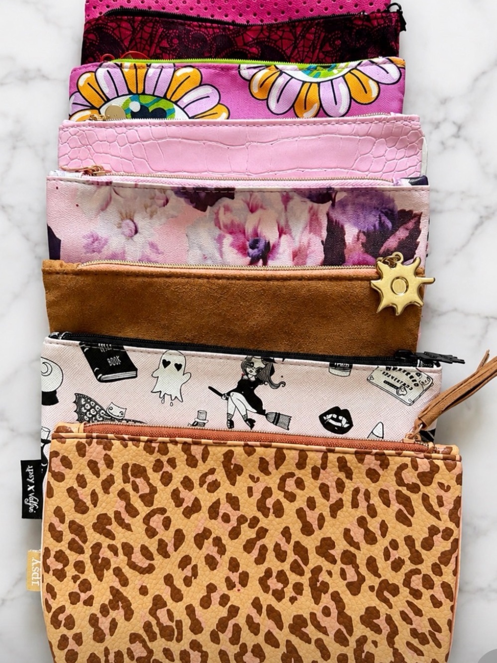 Lot of 8 Ipsy Multi-Pattern Cosmetic Pouch Set in Pink, Brown, Tan